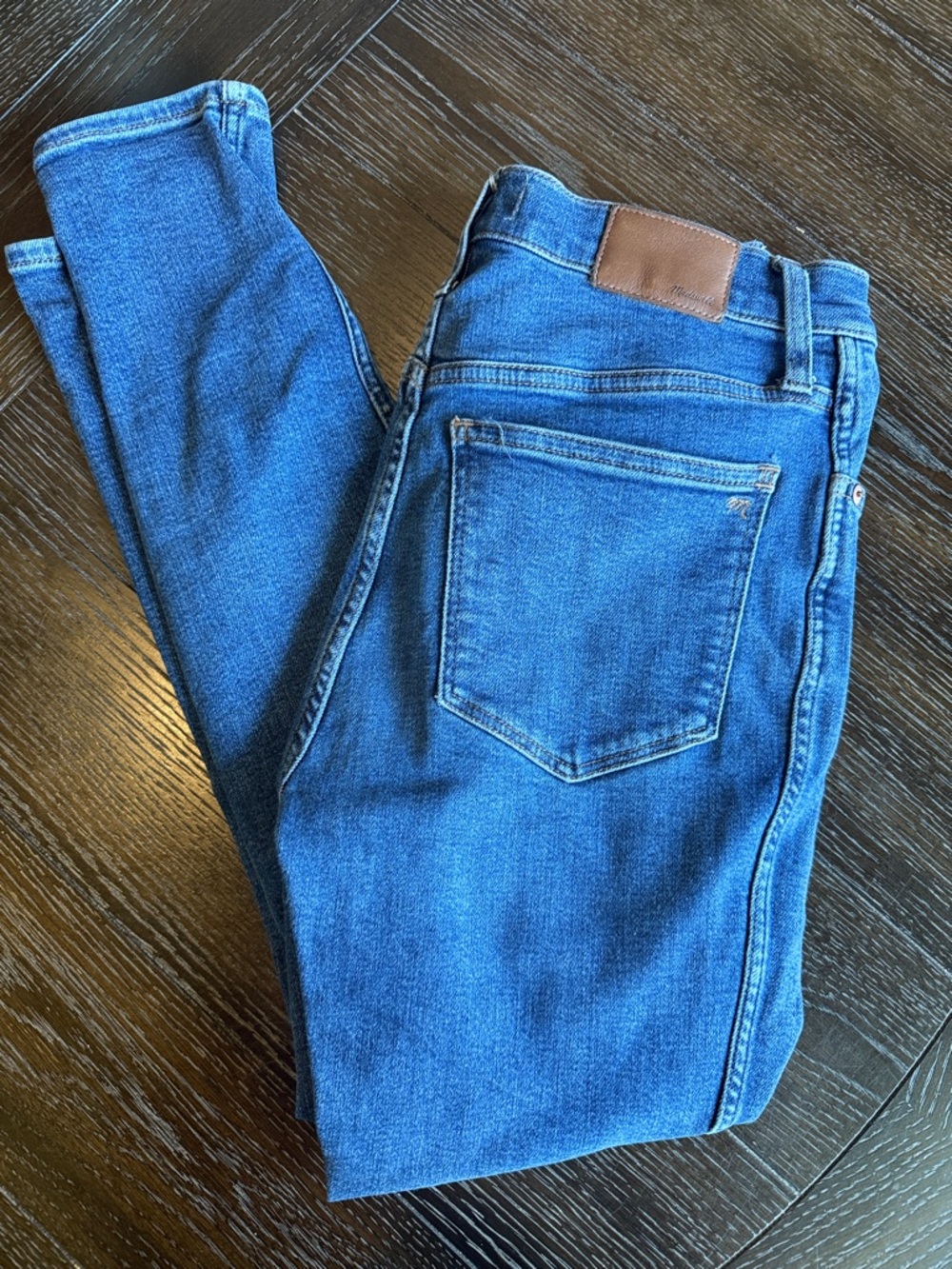Madewell- Classic Blue Denim Jeans with Brown Leather Patch